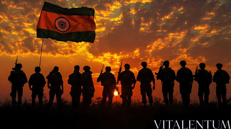 Indian soldiers silhouetted at sunset with raised national flag