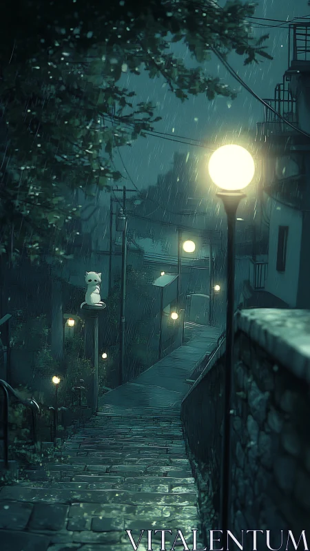 Rain-soaked stone stairs with glowing lamps and cat sentinel.