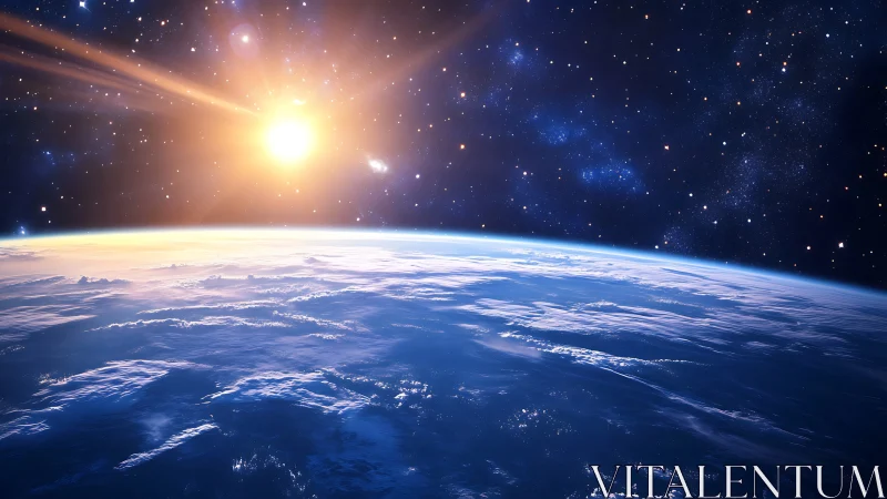 Sunrise over Earth horizon with glowing deep space backdrop.