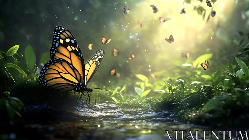 Monarch butterfly in a sunlit forest, magical realism style.
