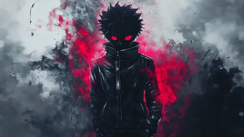 Silhouetted figure with red eyes amid abstract smoke field.