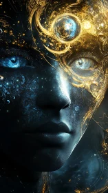 Cosmic cybernetic visage crowned with swirling starlight.