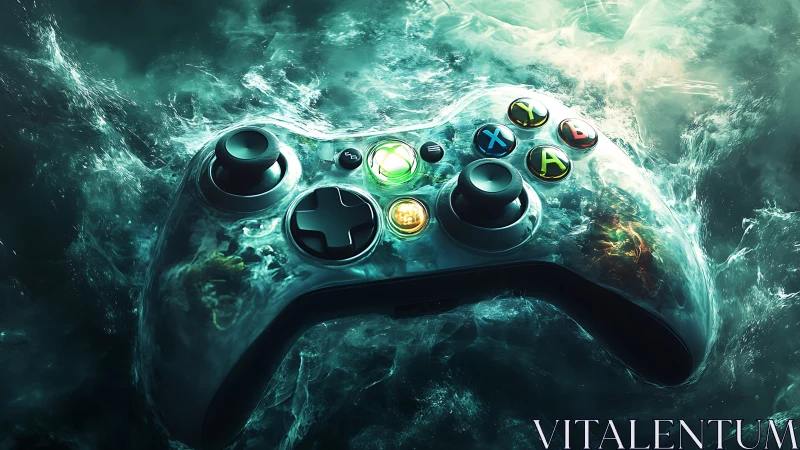 Translucent game controller suspended in turbulent teal vapor