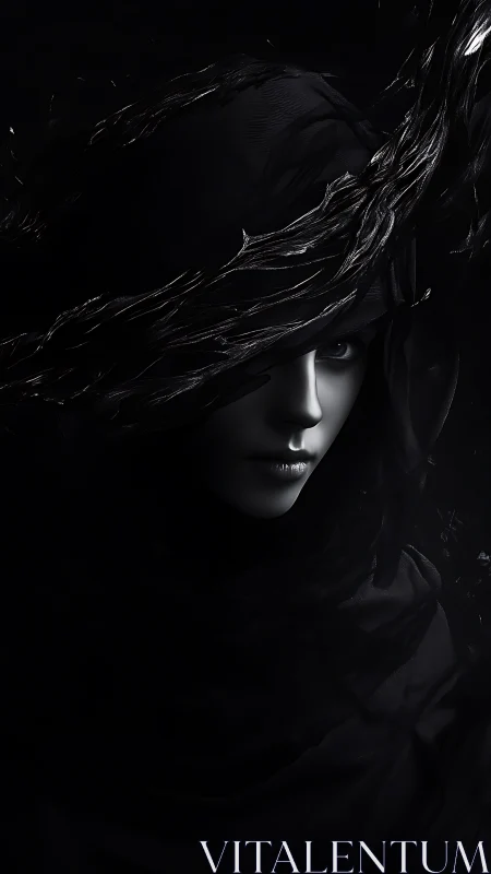 Veiled monochrome figure emerges from shadowed darkness.