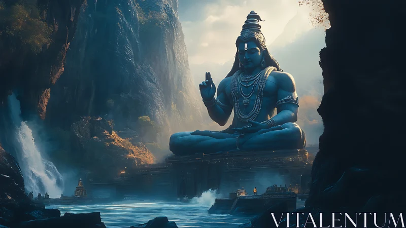 Mountain river temple crowned by colossal serene deity.