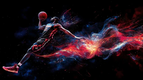 Basketball player in midair with particle trail effect