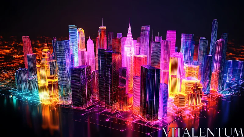 Neon wireframe cityscape shows glowing skyscraper grid