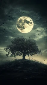 Lone hilltop tree under huge full moon at night.