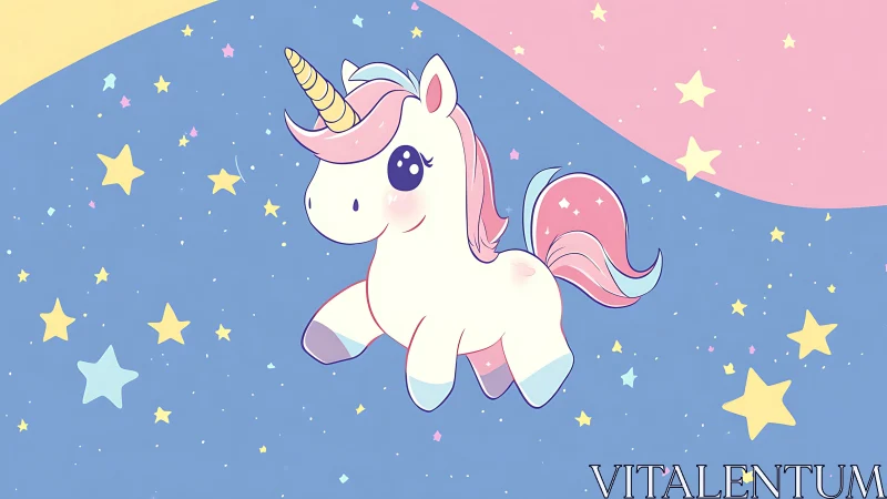 Playful pastel unicorn prancing through a dreamy starry sky.