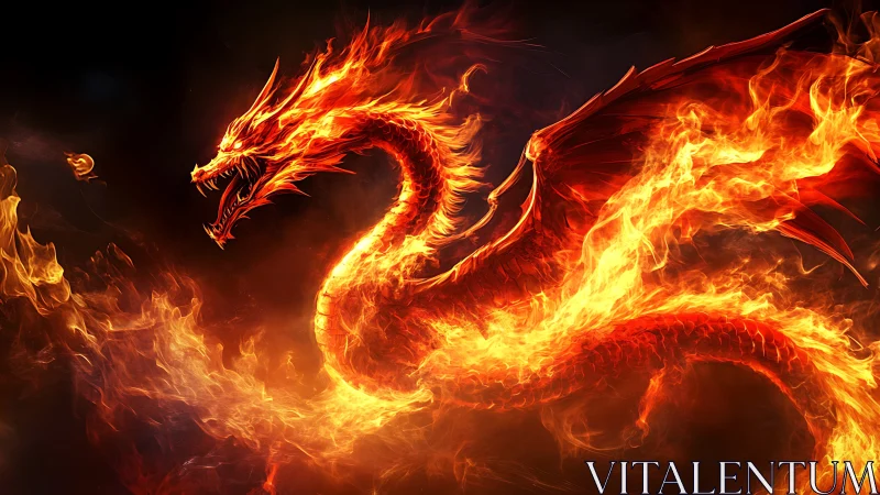 Fiery dragon lunging forward in swirling orange flames.