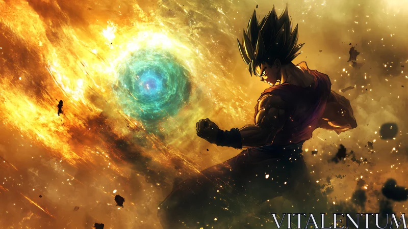 Cel-shaded warrior confronting cosmic vortex in fiery void