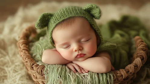 Newborn Portrait in Sage Green Knit Nest. Professional Studio Photography.