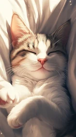 Serene White Tabby Cat Basking in Golden Sunlight.