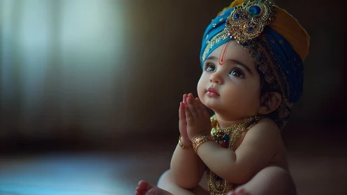 Divine infant portrait in jeweled turban with folded hands.