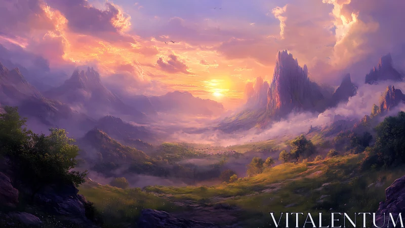Digital landscape depicts sunlit valley and distant spire peaks
