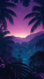 Neon twilight jungle with layered palm silhouettes in gradient sky.