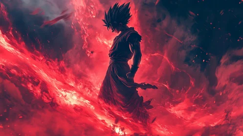 Silhouetted anime warrior in red plasma vortex energy field