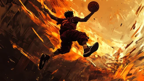 Sky-scorching dunk through a storm of molten sunrise fire.