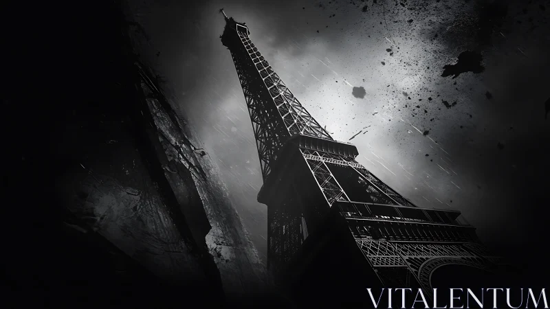 Dark monochrome Eiffel Tower in dramatic stormscape.