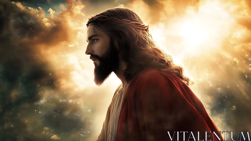 Profile of robed bearded figure against radiant sky backdrop.