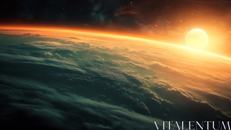 Sunlit planetary horizon shows clouded surface and bright star