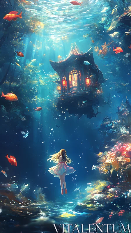 Dreamlit girl drifts toward lantern house in deep blue sea.