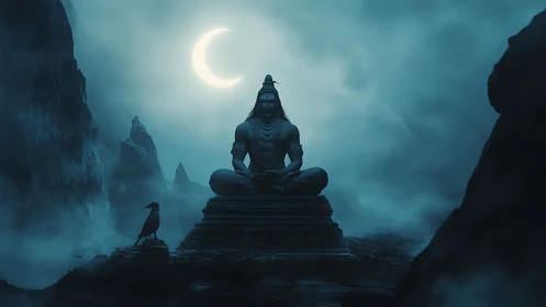 Moonlit mountain silence crowns the meditating stone deity