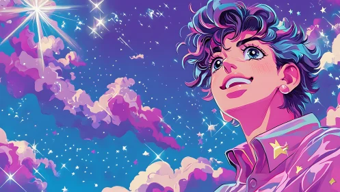 Stargazing youth beneath neon clouds and radiant cosmos.