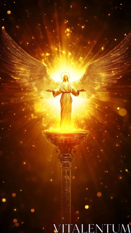 Golden winged statue on ornate pedestal with radiant light.