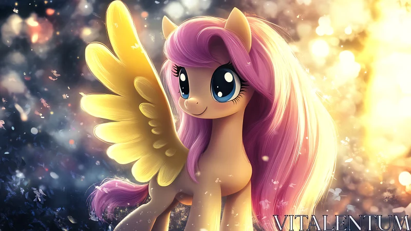 Golden winged pony glowing in a dreamy sparkling light.