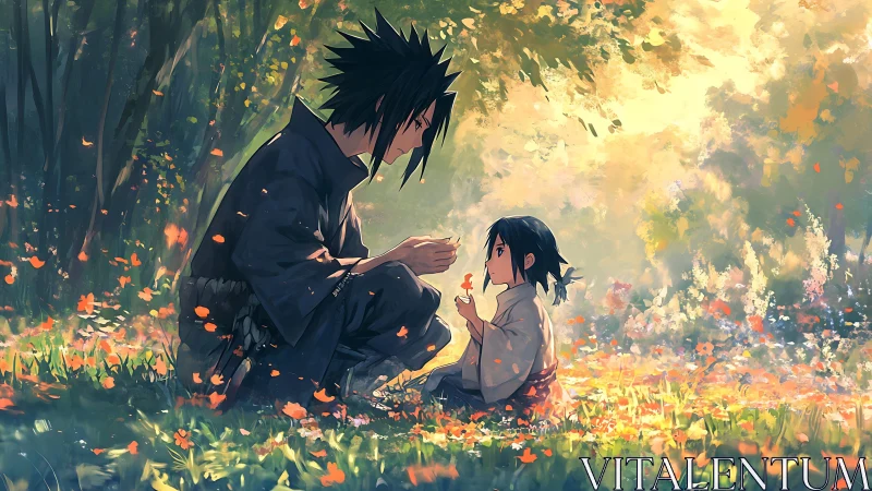 Anime siblings in sunlit forest meadow share quiet moment