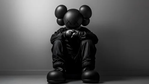 Moody monochrome figure resting in oversized cartoon gear.