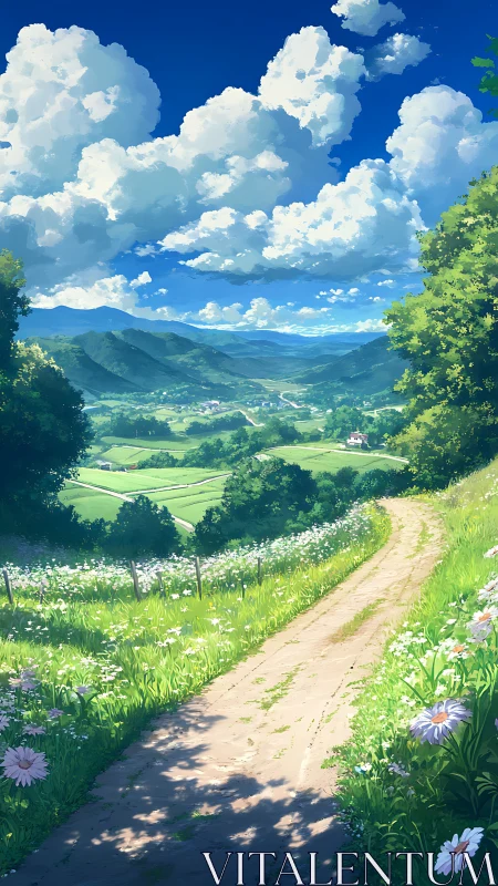 Country hillside path curves through bright summer wildflowers.