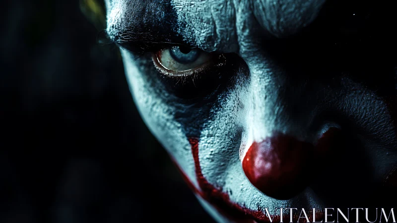 Sinister clown portrait under harsh dramatic side lighting
