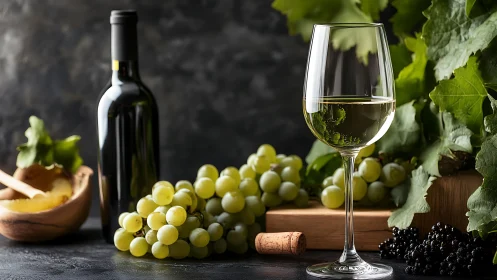 White wine glass with green grapes on rustic dark table.