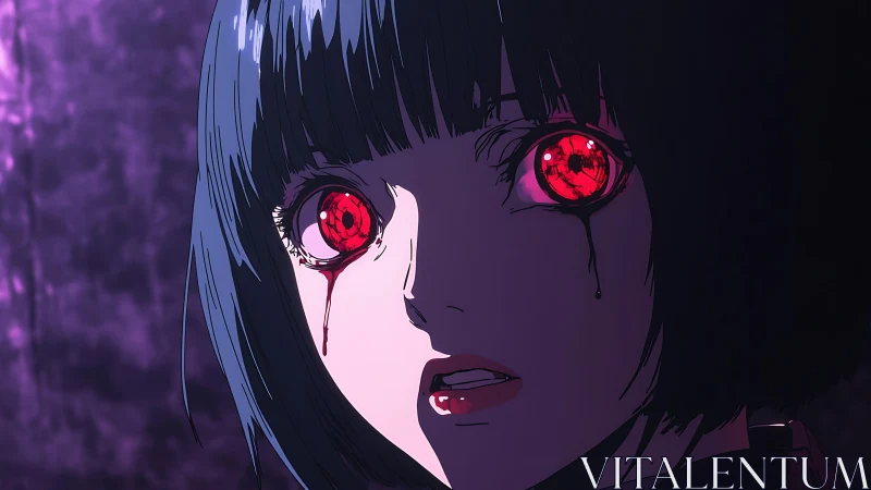 Girl with glowing red eyes stares forward in dark scene