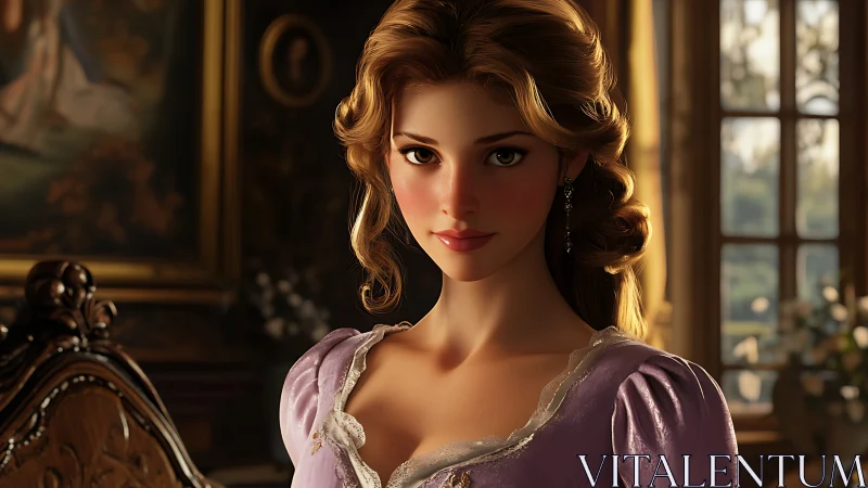 Regal dusk heroine in lavender gown and storybook light.