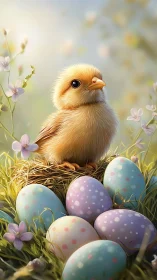Fluffy yellow chick sits in nest amid pastel speckled eggs