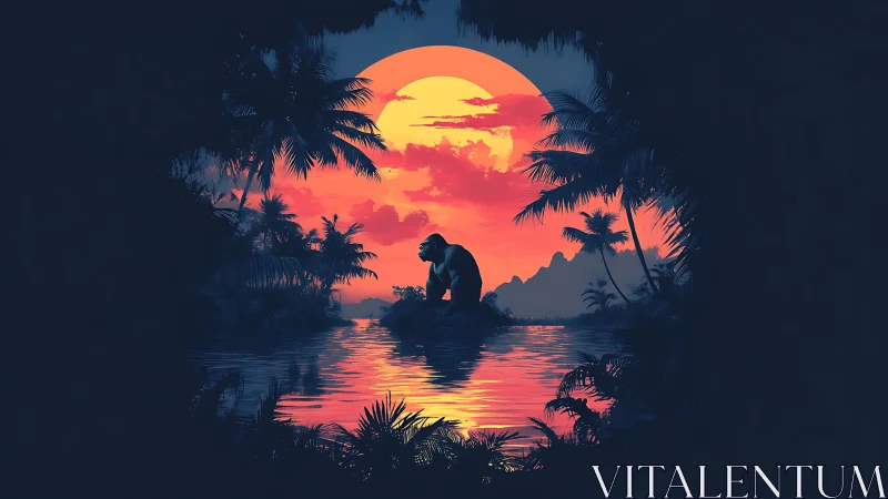 Solitary ape silhouette studies neon sunset over jungle lagoon