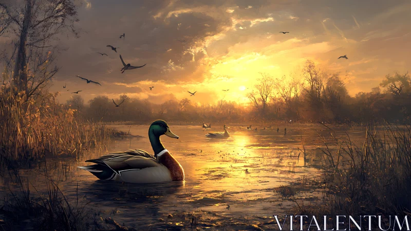 Mallard drake in shallow wetland under low sunset light.