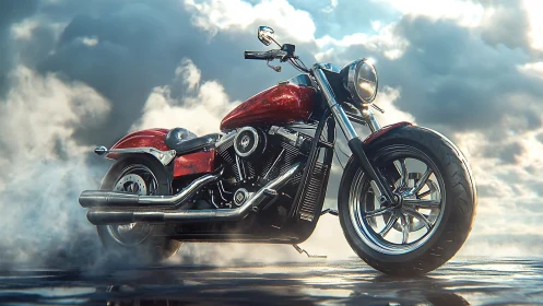 Red cruiser motorcycle on wet asphalt under clouded sky.