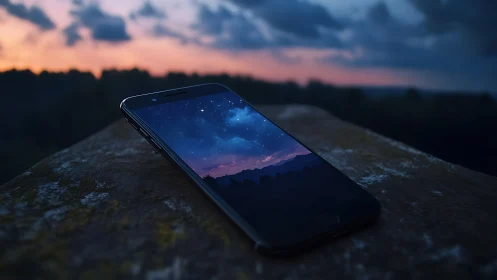 Pocket galaxy on stone: night-sky smartphone gateway dream.