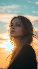 Sunlit daydreams with a soft sky and thoughtful gaze.