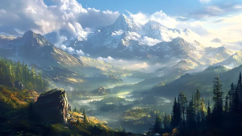 Sunlit alpine valley below towering snowy mountain peaks.