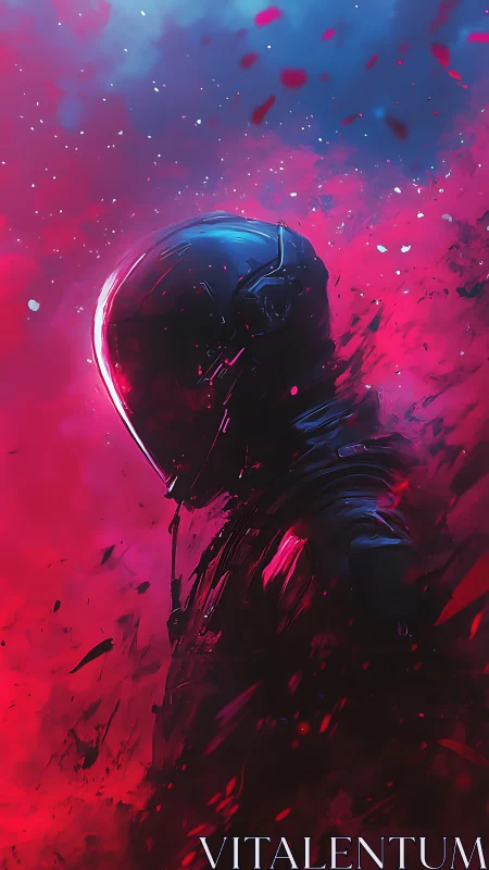 Lone space traveler drifting through neon cosmic clouds.