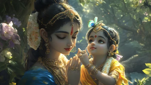 Divine mother and child in lush forest with soft sunlight.