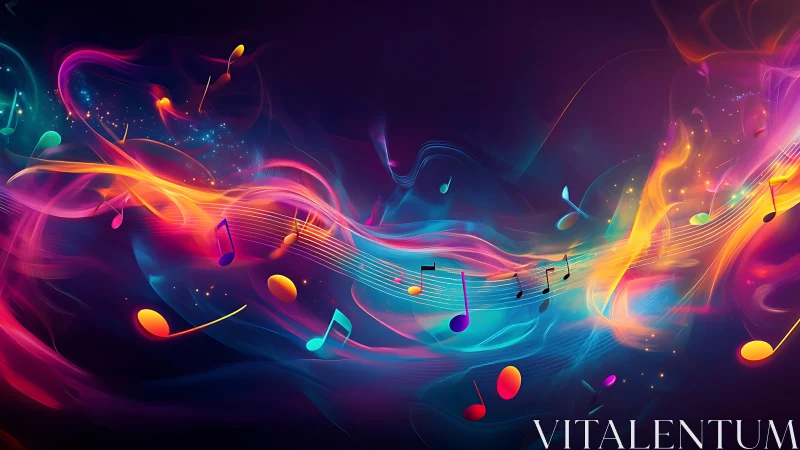 Chromatic sound waves stream through abstract neon musical space