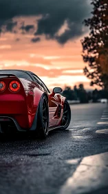 Red sports car on wet road under overcast sunset sky.