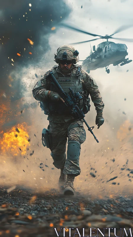 Soldier running through explosion with helicopter support.