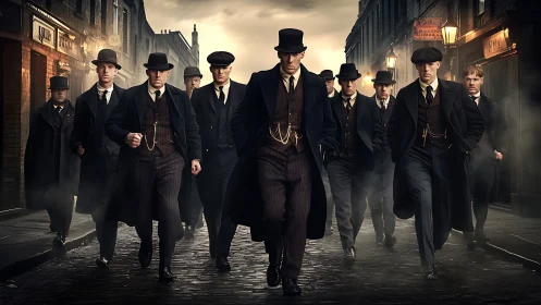 Noir street ensemble in synchronized forward motion study.